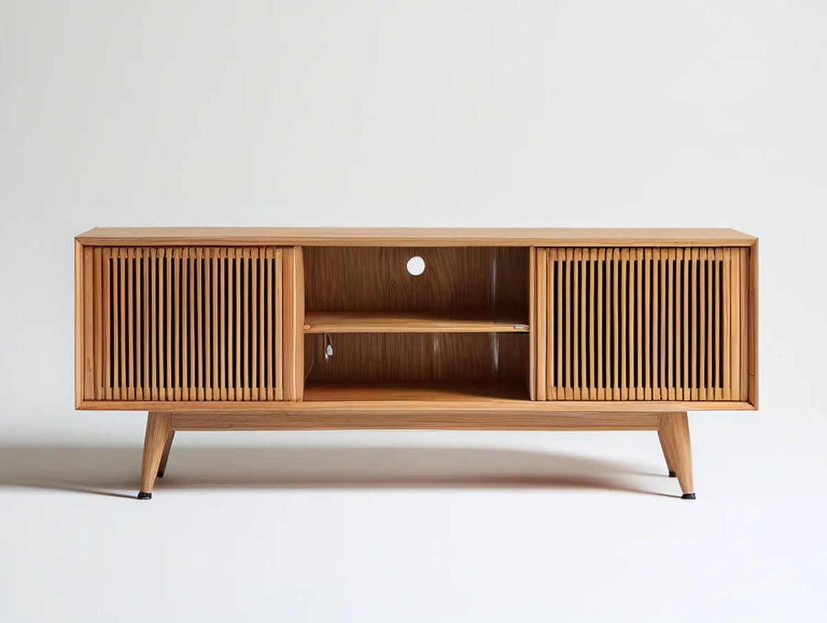 Natural Bamboo TV Stand with Sliding Tambour Doors, 59 x 16 x 24 in