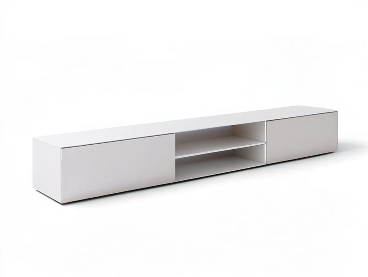 White MDF TV Stand with Sliding Doors and Open Shelves, 70.9 x 15.7 x 15.7 in