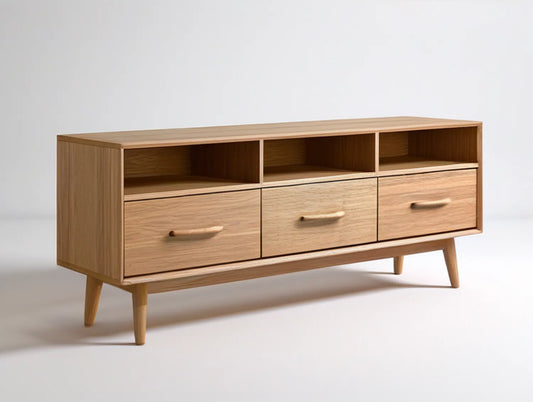 63 x 16 x 24 in Natural Oak Mid-Century Modern Media Console with 3 Drawers and 3 Open Compartments