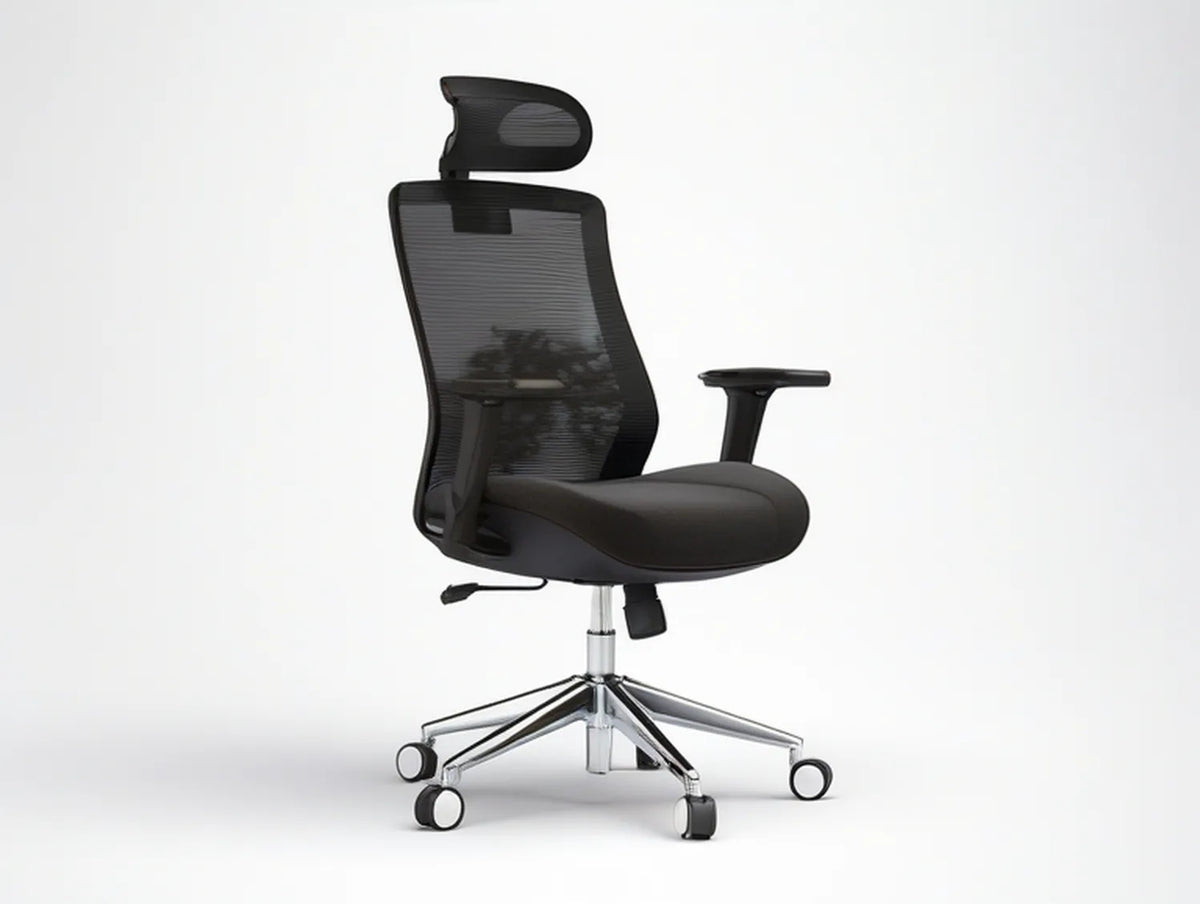 Black Mesh Office Chair with Headrest, Lumbar Support and Chrome Base, 25.2 x 25.2 x 45.7-49.6 in