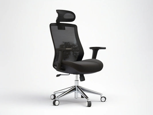 Black Mesh Office Chair with Headrest, Lumbar Support and Chrome Base, 25.2 x 25.2 x 45.7-49.6 in