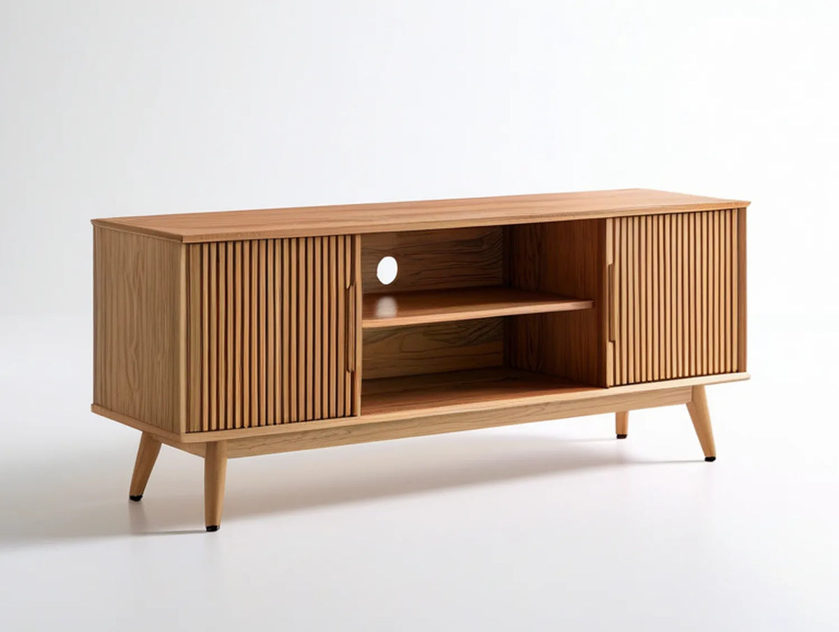 59 in Natural Brown Ash Veneer Media Console with Slatted Sliding Doors and Cable Management