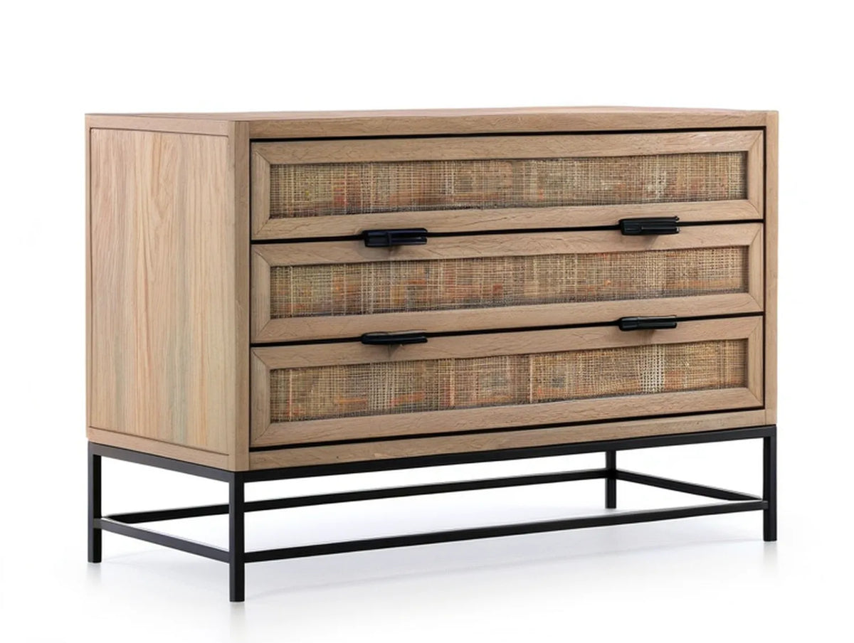 3-Drawer Rattan Front Dresser, 36 x 18 x 35 in, Natural Brown/Black