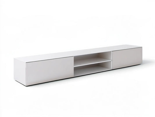White MDF TV Stand with Sliding Doors and Open Shelves, 70.9 x 15.7 x 15.7 in