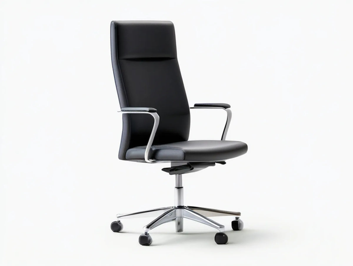 High-Back Executive Office Chair, Black PU Leather with Silver Base, 26 x 26 x 46-50 in
