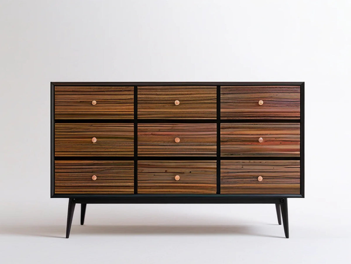 9-Drawer Solid Mango Wood and Steel Dresser, Brown/Black, 60 x 16 x 34 in